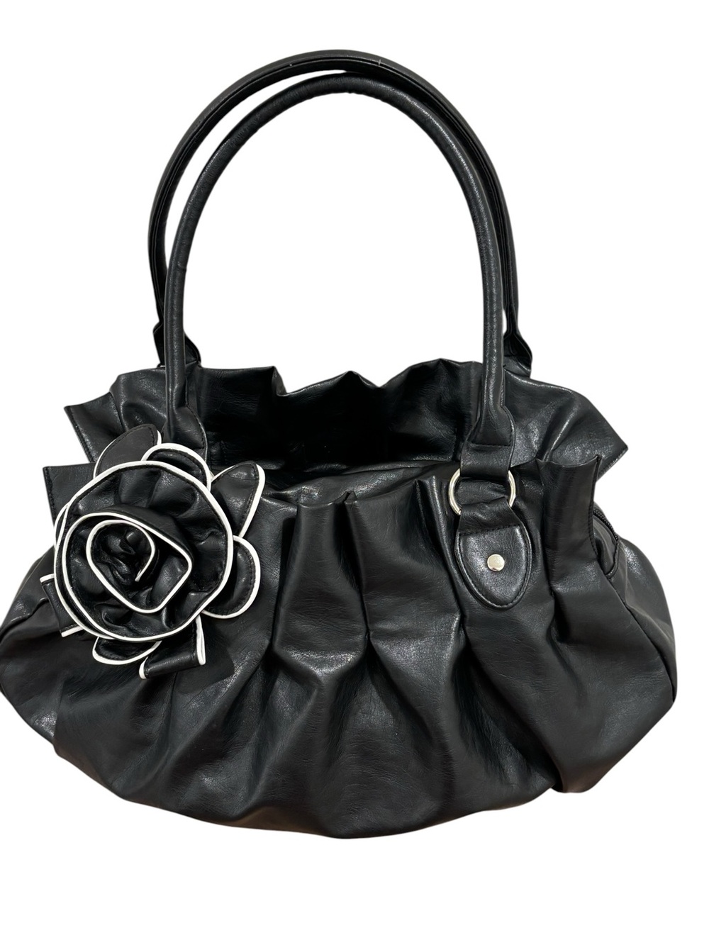 Black Floral Accent Satchel Handbag